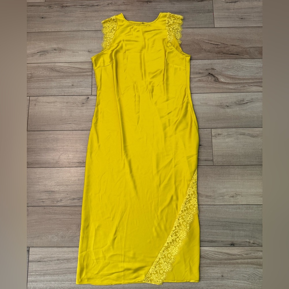Future Collective Yellow Satin Sleeveless Lace Trim Ankle Slip Dress